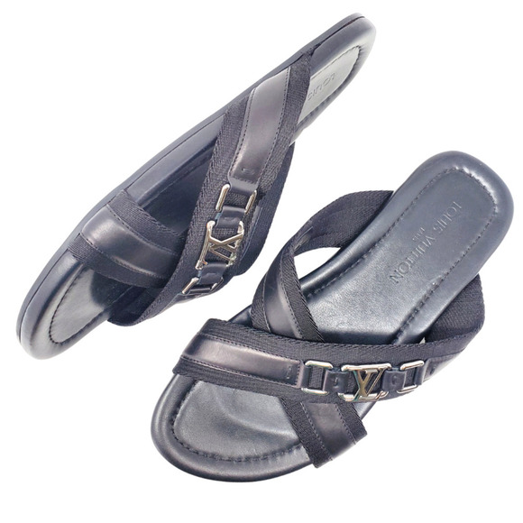 Louis Vuitton Other - Louis Vuitton LV Logo Slides Black Leather Flat Sandals Shoes US 9‎